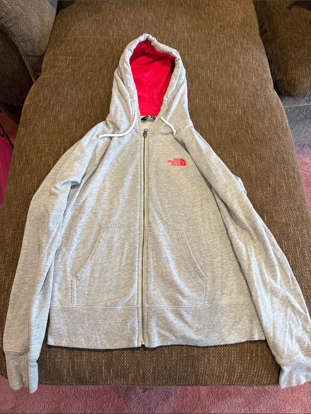 The North Face gray Hooded zippered sweatshirt with pink accents